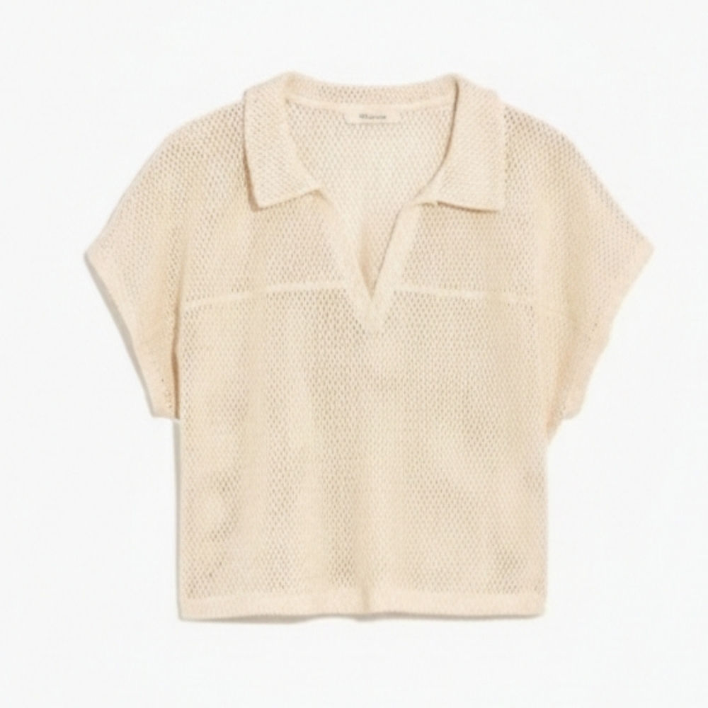 Madewell Crochet Polo Top Cream Ivory Short Sleeve Mesh Knit V-Neck XS Boho